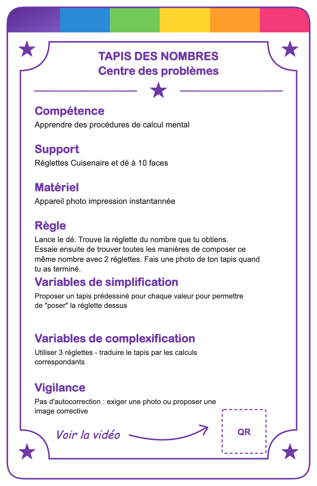 Verso de la carte Tapis des nombres