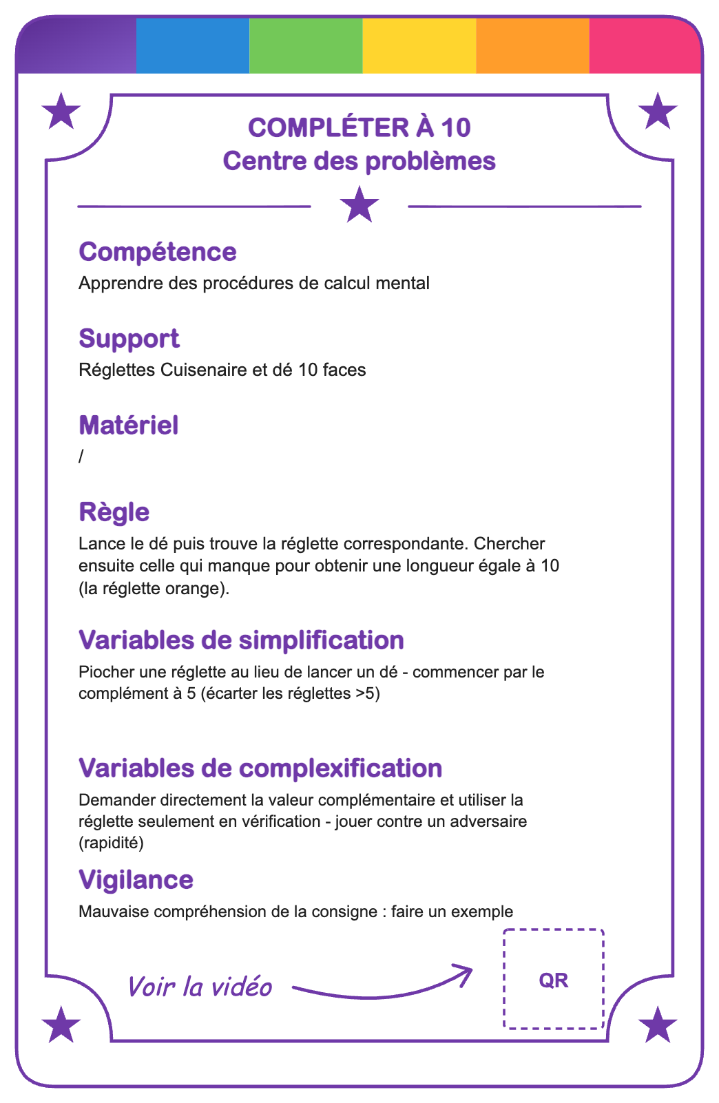 Verso de la carte Compléter à 10